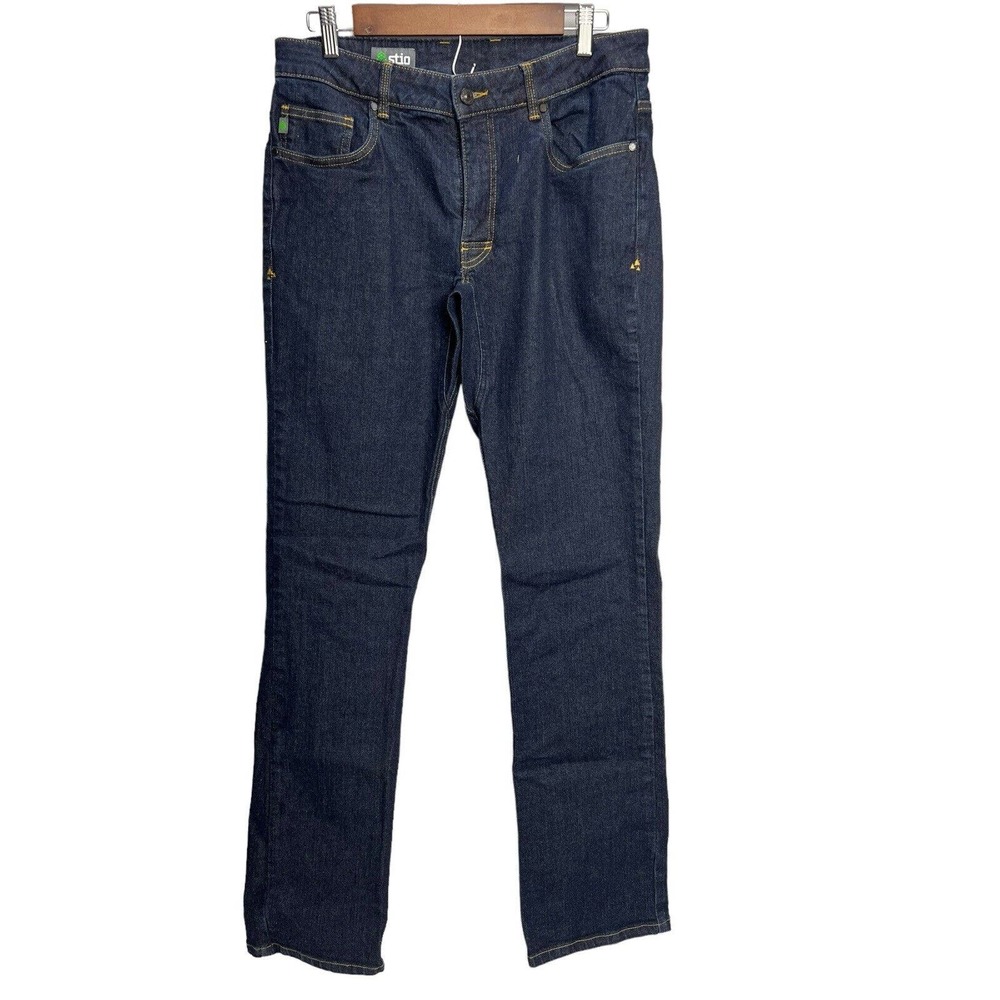Stio Mens Dark Wash Flat Front 5 Pocket Design Stretch Blue Straight Jeans 33L